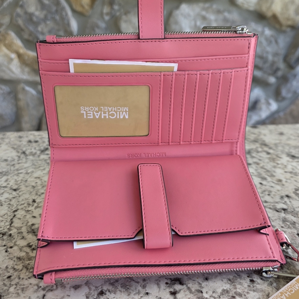 Michael Kors Jet Set Logo Large Double Zip Pink Wristlet - Picture 3 of 6
